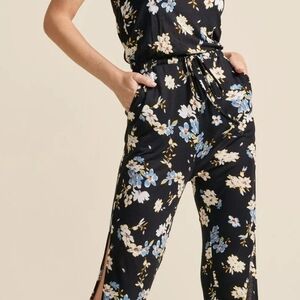 VENUS Black Jumpsuit with Blue and White Floral Design